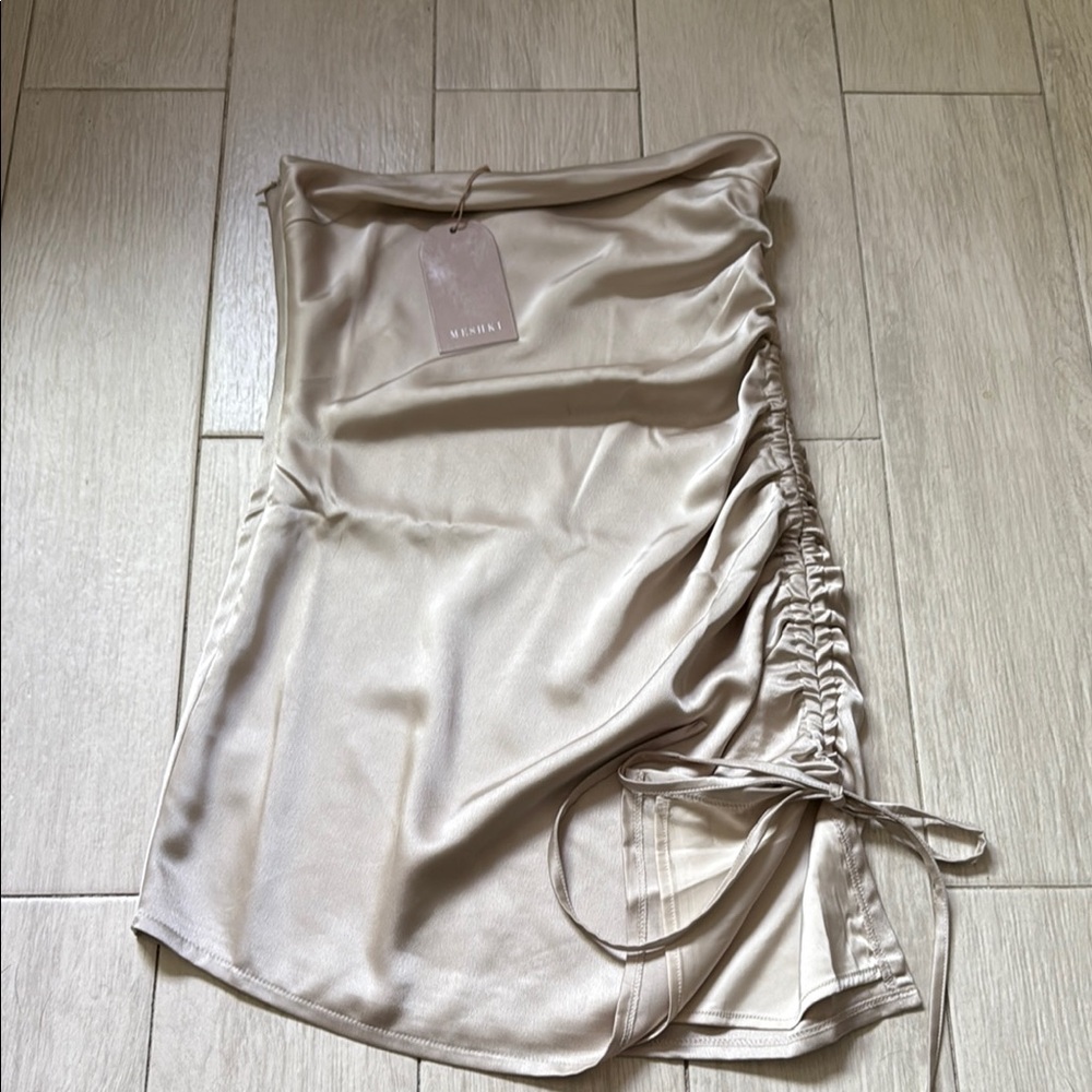 MESHKI Beige Ruched Mini Dress
